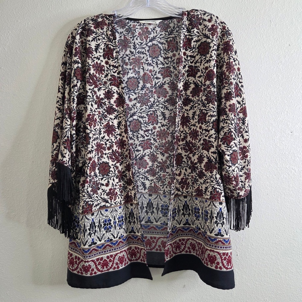 NAF NAF Paris Kimono Duster 40 Multicolor Floral Fringe Boho Eclectic Festival